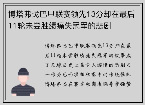 博塔弗戈巴甲联赛领先13分却在最后11轮未尝胜绩痛失冠军的悲剧 博塔弗戈巴甲联赛领先13分却在最后11轮未尝胜绩痛失冠军的悲剧