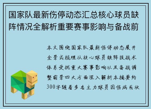 国家队最新伤停动态汇总核心球员缺阵情况全解析重要赛事影响与备战前景