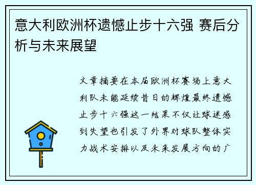 意大利欧洲杯遗憾止步十六强 赛后分析与未来展望 意大利欧洲杯遗憾止步十六强 赛后分析与未来展望